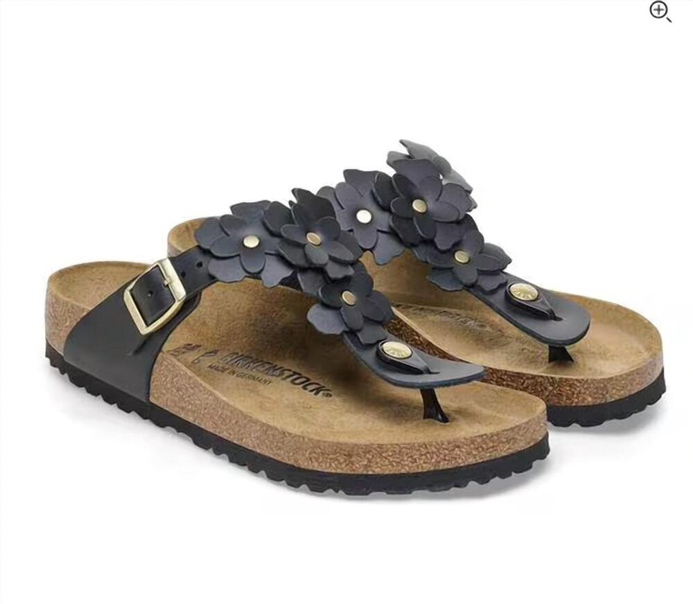 NEW BIRKENSTOCK women's gizeh flower leather sandal in black